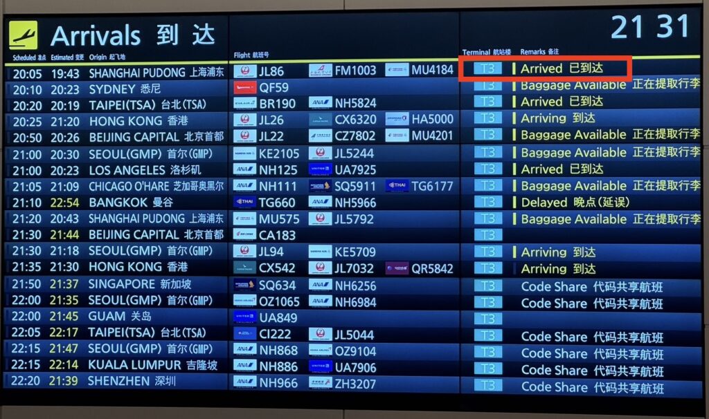 Flight information display showing the flight status as Arrived